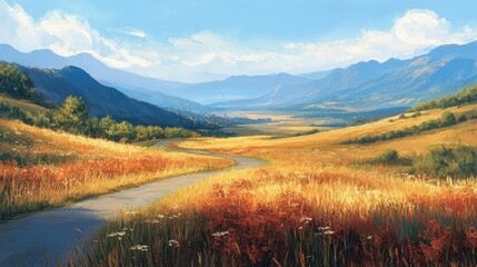 Obraz premium Serene Countryside Road Winding Through Golden Fields, Majestic Mountains in the Background