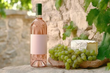 Obraz premium Ros? Wine, Cheese, and Grapes in Vineyard Setting