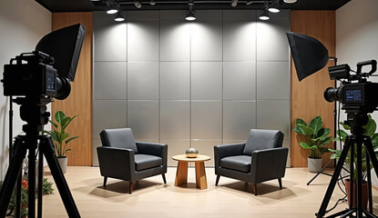 The interior of a studio is set up for podcasting and interviews, featuring two chairs