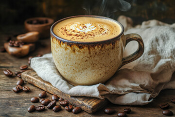 Steaming cup of freshly brewed coffee with latte art on a rustic wooden table
