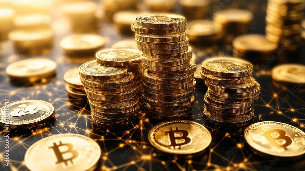 Poster a futuristic representation of digital coins and blockchain connections on a tech-inspired backgroun