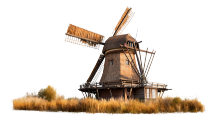 Classic Wooden Windmill with Rustic Design and Traditional Dutch Aesthetic on White Background