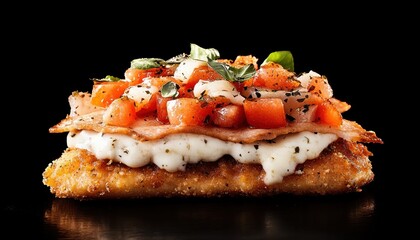 Delicious Food Photography Showcasing a Gourmet pizza with a crispy, cheesy crust and layers of savory toppings arranged elegantly This mouthwatering dish features fresh ingredients including sliced