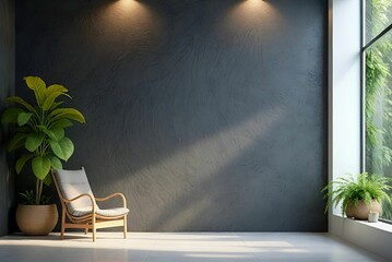 A 3D-rendered luxury modern living room with a dark color scheme and an empty black wall serves as background for a stock photo of a home interior