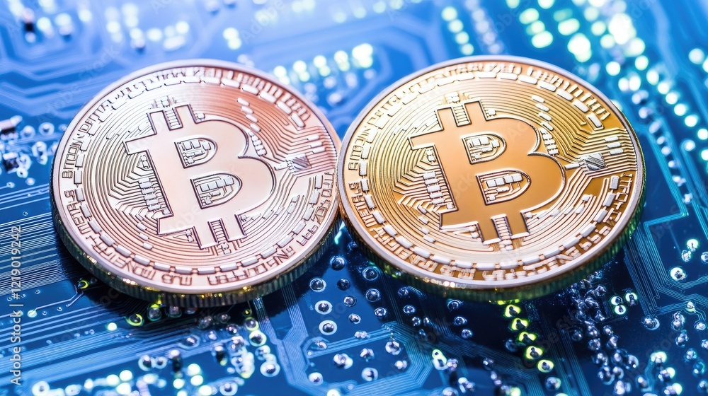Poster a glowing bitcoin coin floating over a circuit board background with tech lighting.