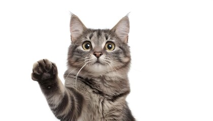 Fototapeta premium Cute tabby cat raises paw up isolated on white background 