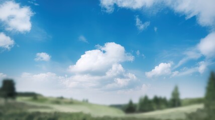 A serene landscape featuring a bright blue sky filled with soft, fluffy clouds and gentle green hills in the background, creating a calm atmosphere.
