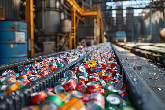 Crushed aluminum cans are scattered across a conveyor belt in a recycling facility. Workers oversee the process as the cans move through the industrial setting early in the morning
