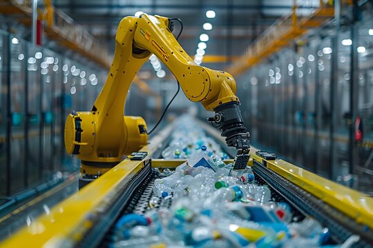 A yellow robotic arm efficiently sorts through a conveyor belt filled with plastic bottles at a recycling plant