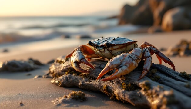 Create an ultra-realistic image of a lone crab resting on a piece of driftwood washed up on the beach, with the ocean in the background. The crab&rsquo;s shell should have visible details like barnacles or 