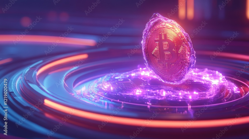 Poster a glowing hologram of blockchain data with a bitcoin coin floating in the foreground.