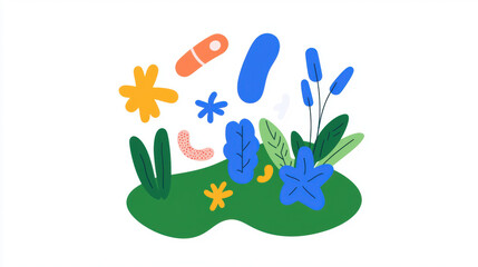 Probiotic illustration, Colorful abstract illustration featuring flowers, plants, and shapes on a green background, blending nature and creativity in a playful design.