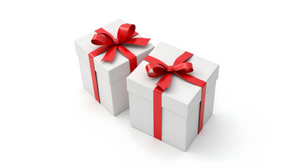 White gift box with red ribbon bow, isolated on white