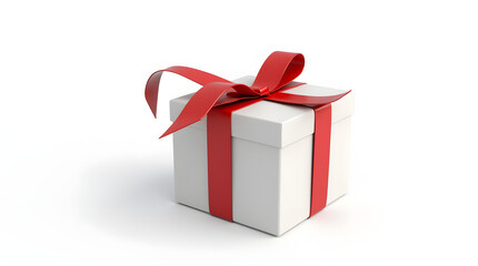 Fototapeta premium White gift box with red ribbon bow, isolated on white
