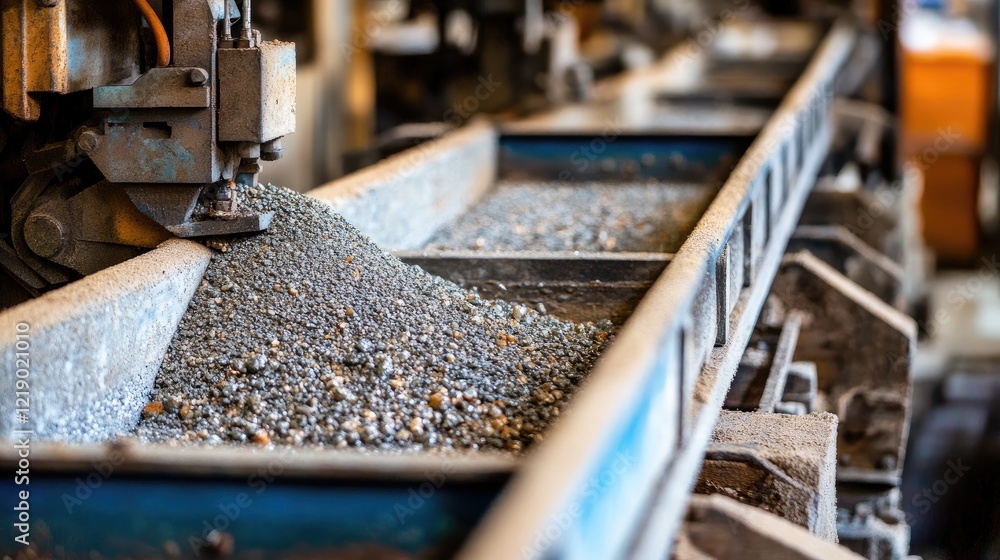 Poster a high-resolution close-up of a grinding machine processing raw materials in a factory.