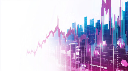 Fototapeta premium Stock market chart background with a futuristic cityscape, in a pink and purple color theme
