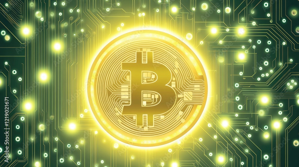 Poster a high-tech image of bitcoin embedded into a glowing circuit board.