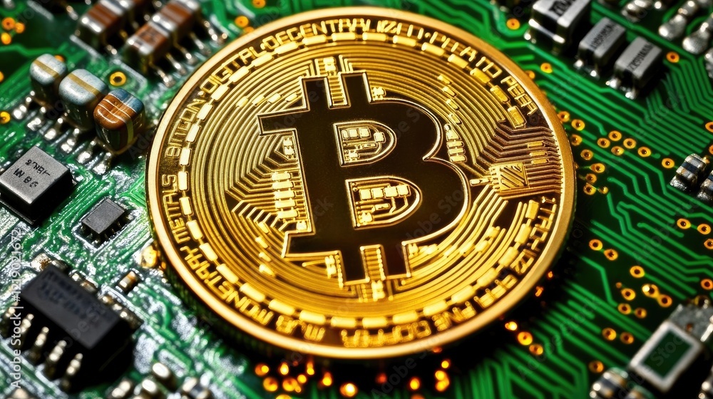 Poster a high-tech image of bitcoin embedded into a glowing circuit board.