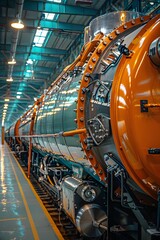 Fototapeta premium A vintage steam locomotive stands proudly in a railway museum, showcasing its intricate metalwork and vibrant orange accents under bright museum lighting. Visitors explore the area around it