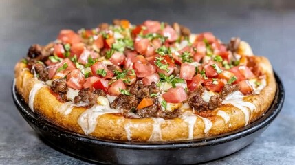 Indulge in a culinary masterpiece with A flavorful pizza with a cheesy crust stuffed with herbs and cheese, perfectly paired with fresh toppings, creating an explosion of taste in every bite This