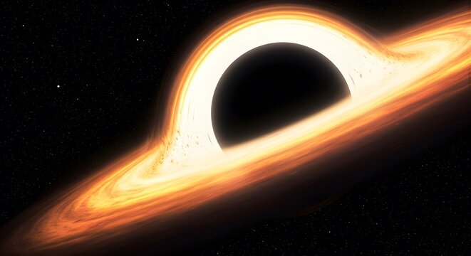 Create a realistic image of a supermassive black hole surrounded by an accretion disk. The black hole itself should appear as a dark, swirling vortex at the center, with the accretion disk glowing bri