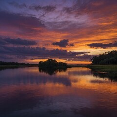 Fototapeta premium A gorgeous radiant dusk over a calm lagoon, with the sky glowing in deep orange and purple hues, the still waters reflecting the vibrant sky.