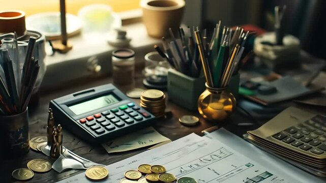 A cluttered desk with coins, a calculator, and scattered papers in a cozy workspace setting