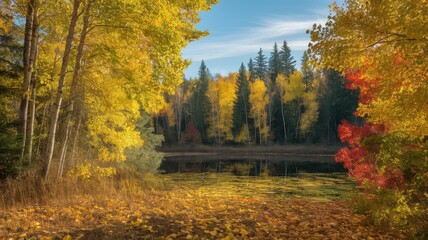 Obraz premium A serene autumn landscape with vibrant orange, yellow, and red foliage reflecting on a tranquil pond, surrounded by tall evergreen trees.