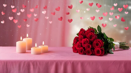 There are red rose bouquet and candles, and hearts are falling like rain. Soft lighting