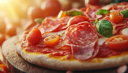 Indulge in delicious gourmet pizza showcasing sweet pizza toppings with assorted meats, presented with a glossy finish under warm, soft lighting, perfect for premium food advertising campaigns This