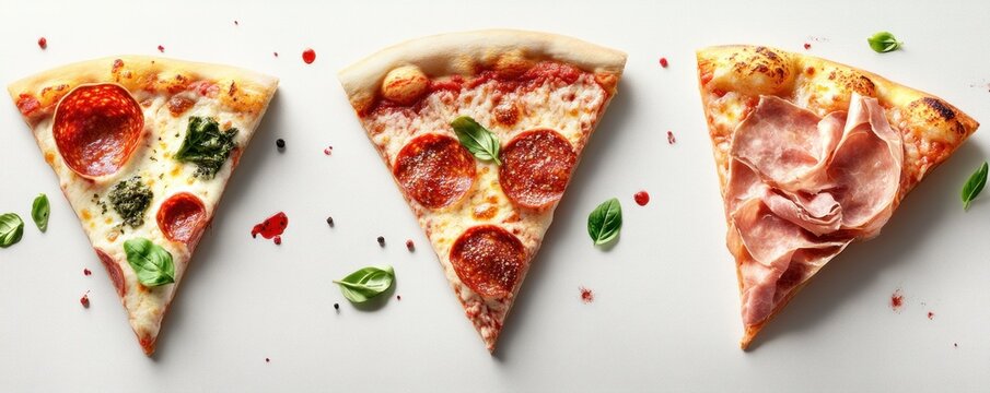 Indulge in gourmet pizza slices showcasing authentic Italian cooking techniques, each a culinary masterpiece with varied toppings Experience the true taste of Italy with fresh ingredients and