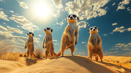 A group of meerkats stands alert in the golden sand of the desert, basking in the warm sun under a clear blue sky, showcasing their unique social behavior and playful nature.
