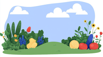 Probiotic illustration, A vibrant garden scene featuring various colorful plants, vegetables, and flowers against a blue sky with fluffy clouds.