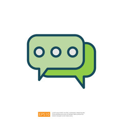 two overlapping speech bubbles in green tones, symbolizing communication, conversation, or messaging. Flat line style icon