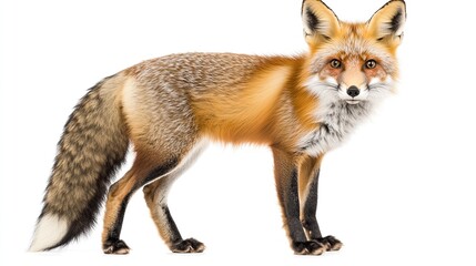 Fototapeta premium A beautiful red fox with a fluffy tail standing and facing the camera. 