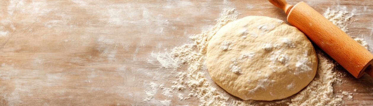 Rustic pizza dough preparation image showcases the process of handcrafting a pizza base, pizza dough rolled out with a rolling pin, flour scattered across a wooden surface, the tools and ingredients