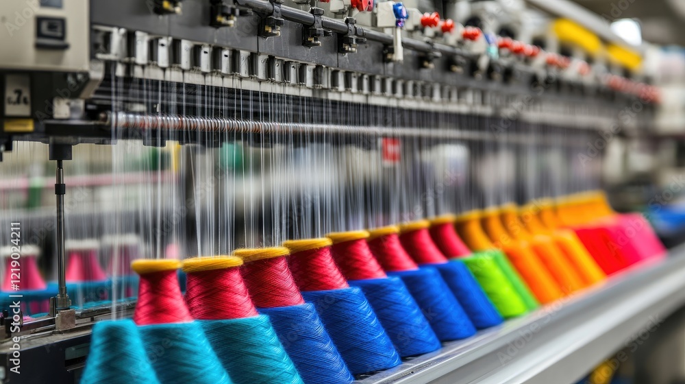 Poster a macro image of textile fibers being spun into yarn on a textile machine in a factory.