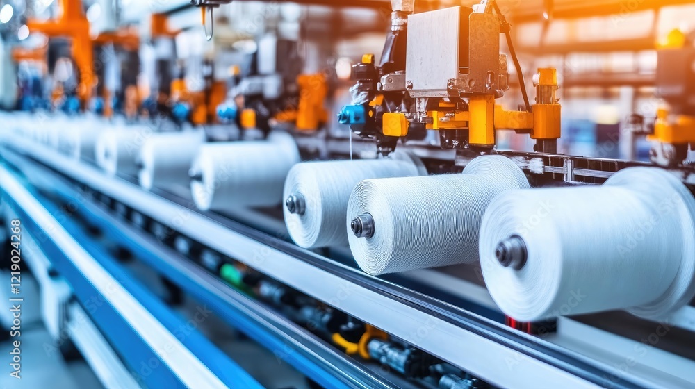 Poster a macro image of textile fibers being spun into yarn on a textile machine in a factory.