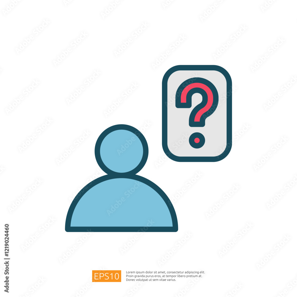 Poster a simple graphic depicting a person with a question mark, symbolizing inquiry or uncertainty. flat l