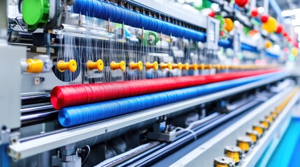 A macro image of textile fibers being spun into yarn on a textile machine in a factory.