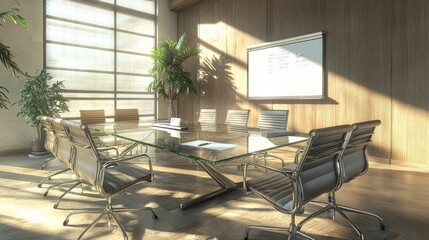 A meeting room with a glass table, chairs, and a flip chart in the corner.