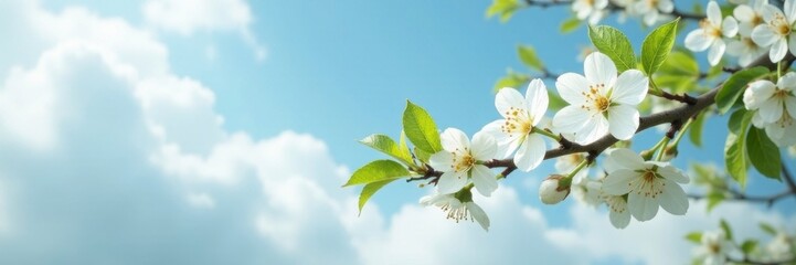 Obraz premium A majestic white pear branch stretches towards the sky, cloudy, floral, blossom