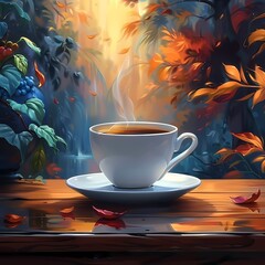 Obraz premium A cozy scene of a steaming cup of coffee on a windowsill, surrounded by autumn leaves and berries, with a serene forest view through the window. Perfect for themes of comfort and tranquility.