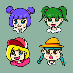 Cute children head element set, colorful cartoon children happy face set, chibi kids head.