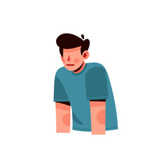 Illustration of man feels fatigue. Symptom of seasonal flu. Tired person, exhausted, lack battery energy, low charge, burnout at workplace, stress. Flat character isolated on white background