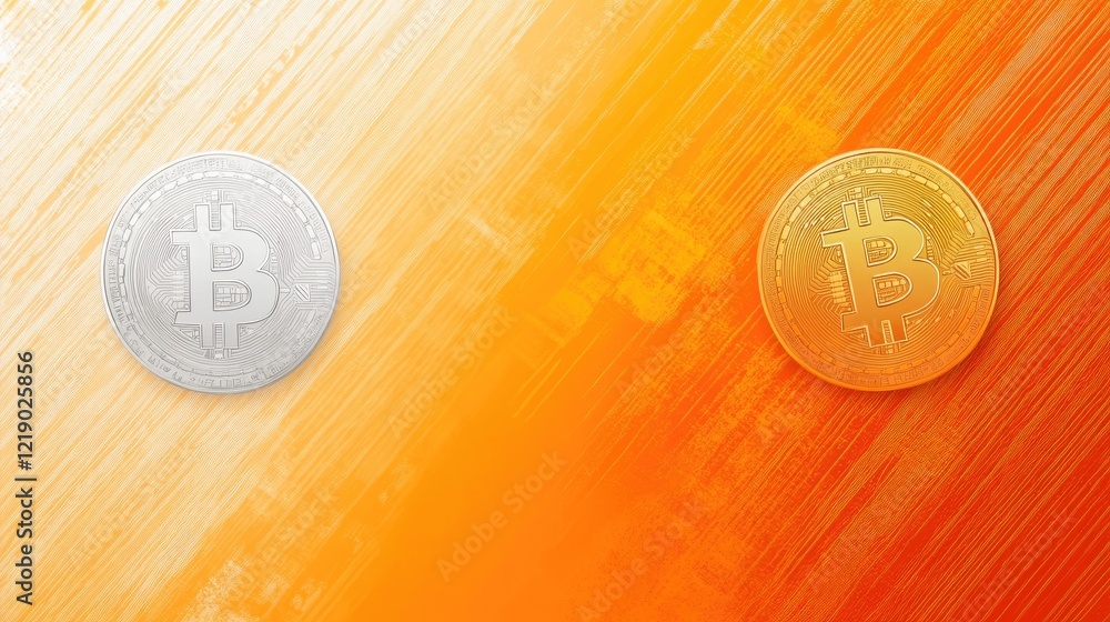 Poster a minimalist image of bitcoin and litecoin coins with binary code details.