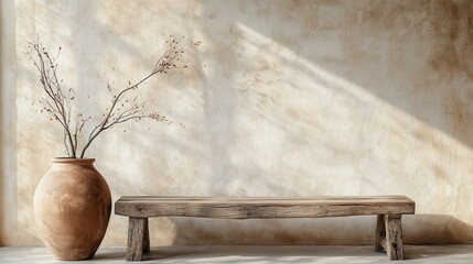 Obraz premium Rustic Wooden Bench And Terracotta Vase With Dried Branches Against A Textured Wall. Sunlight Casts Shadows Adding To The Calm, Minimalist Aesthetic.