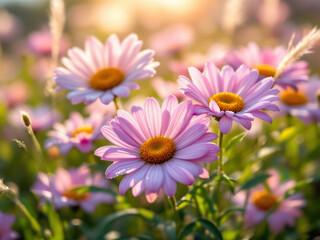 Beautiful pink daisies blooming in a sunlit flower field