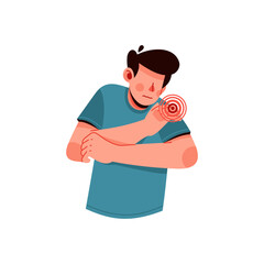 Man suffers from muscle and joint pain. Male holds the shoulder because muscle cramps, shoulder injury, symptom of flu. Flat vector illustration isolated on white background