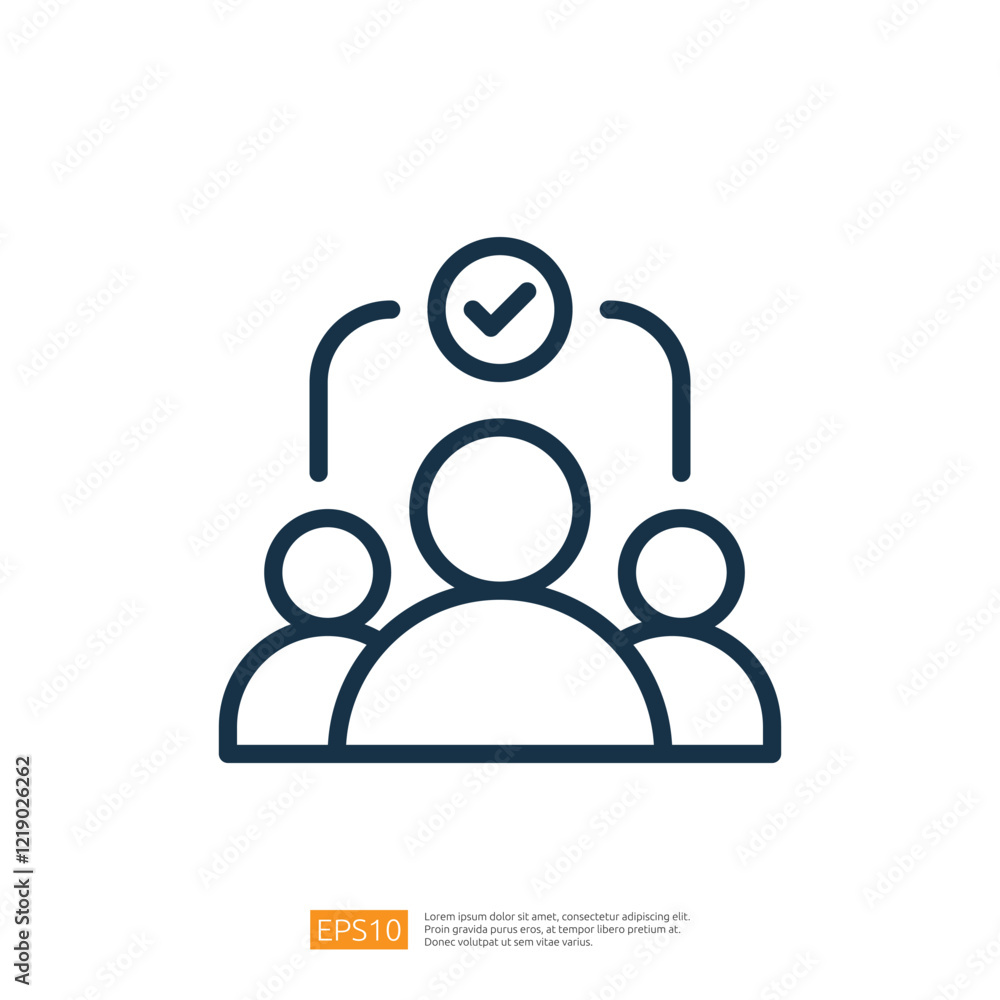 Poster three stylized figures with a checkmark above them, symbolizing approval or agreement in a group set